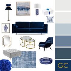 a living room with blue furniture and accessories