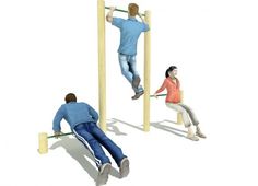 three people are doing different things on the same pole as one person is sitting down