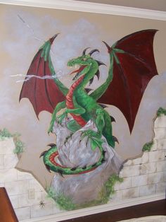 a painting of a green dragon sitting on top of a rock in front of a wall