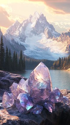 A photorealistic scene of Labradorite crystals sparkling in sunset rays, set against a serene mountain landscape and lake. Soft colors, airy space, and stylish design. No text. Beauty