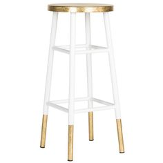 a white and gold stool with two wooden barstools on the bottom, against a white background