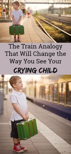 two children with suitcases standing on train tracks and the caption says, the train analog that will change the way you see your crying child