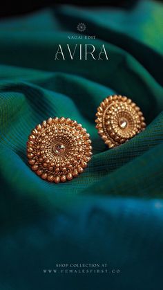 Gold toned Chakra designed studs with white stones. Gold Earrings Photography, Traditional Jewelry Photoshoot, Jewllery Ideas Indian Gold, Gold Jewellery Shoot Ideas, Stone Jewelry Photography, Indian Jewellery Photoshoot Ideas, Indian Jewelry Photoshoot, Earings Photography Idea, Gold Jewels Design Indian