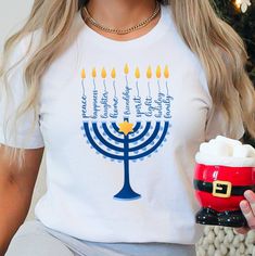 "Happy Hanukkah Shirt, Hanukkah Tshirt, Jewish T Shirt, Jewish Saying T-Shirt,  Holiday Hanukkah Shirt, Jewish Religious Shirt, Hanukkah Gift DETAIL For printing, we use Bella Canvas and Gildan SoftStyle brand shirts, which are the best in the industry. *Bella Canvas -unisex size -4.2 oz. -Solid colors are 100% Combed Cotton and Ring-Spun Cotton. -Athletic Heather 90% Combed and Ring-Spun Cotton, 10% Polyester -All Heather CVC Colors 52% Combed and Ring-Spun, 48% Polyester *Gildan SoftStyle -uni Diy Hanukkah, Teacher Clothes, Phone Aesthetic, Shabbat Shalom, Rosh Hashanah, Brand Shirts