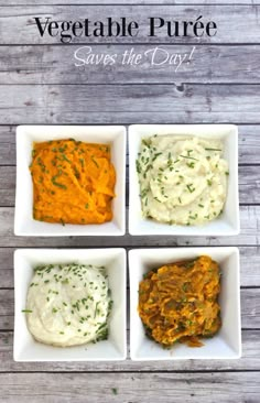 four small white bowls filled with different types of food on top of a wooden table