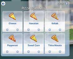 the menu for pizza toppings is displayed in this screenshote image, which appears to be an animated version of a computer game