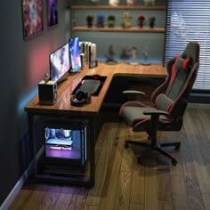 a computer chair sitting next to a wooden desk