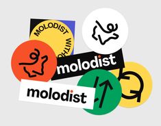 various stickers with the words molodist in different colors and sizes on them