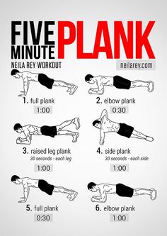 the five minute plank workout is shown in red and black, with instructions on how to do