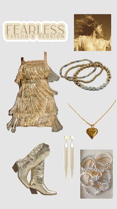 an assortment of accessories including shoes, necklaces and bracelets are shown in this image