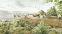 an artist's rendering of a wooden bridge with people standing on it