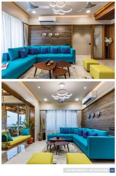 two pictures of a living room with blue and yellow furniture