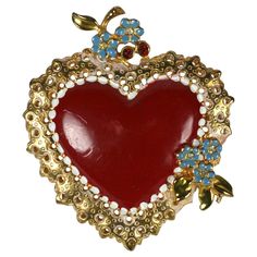 Charming Silson Art Deco Enamel Heart from the 1930's. Red enamel with gilt lacey border and blue enamel floral accents. Excellent condition. Please note: White reflections on red enamel are from lighting. Center is all red. 2.5" x 2.5". Enamel Jewelry Victorian, Luxury Enamel Heart Charm Jewelry, Weird Accessories, Art Deco Bag, Noble Lady, Heart Flowers, Vintage Jewellery Rings, Heart Brooch, Red Art