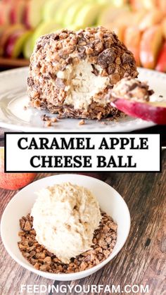 caramel apple cheese ball on a plate with apples in the background and text overlay reading caramel apple cheese ball