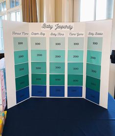 a baby shower table with blue and green colors