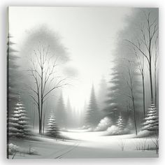 a black and white painting of trees in the snow