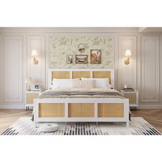 a white bed with wicker headboard and foot board