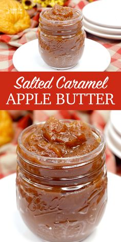 salted caramel apple butter in a jar on a white plate with red checkered tablecloth