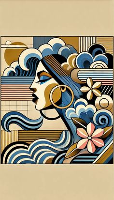 a woman's face with flowers and clouds in the background, as well as an abstract