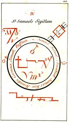 an old book with writing on it and symbols in the middle, including two circles