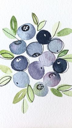 a watercolor painting of blueberries and leaves