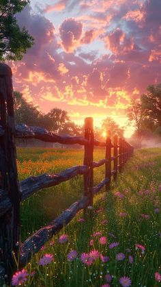 the sun is setting behind a fence in a field with wildflowers and daisies