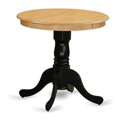 a small round table with black legs and a wooden top on an isolated white background