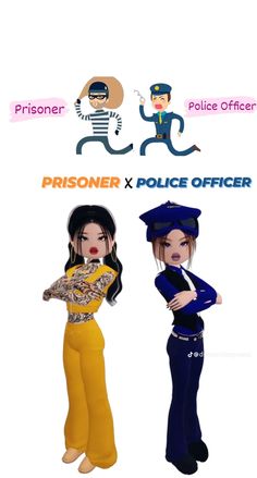 two police officers standing next to each other on top of a white background with the words prisoner x police officer