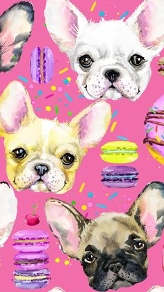 a pink background with french bulldogs and macaroons