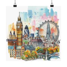 a watercolor painting of the london skyline