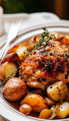 This Easy Roasted Chicken with Potatoes and Onions is a comforting fall recipe. Juicy chicken, golden potatoes, and caramelized onions make it a delicious one-pan meal that’s perfect for a cozy autumn dinner. Simple and satisfying, it’s an ideal option for busy nights! Roasted Chicken And Potatoes Oven, Roasted Potatoes And Chicken, Cozy Meals Comfort Foods, Dutch Oven Chicken Recipes, Chicken And Roasted Potatoes, Chicken Potatoes And Carrots, Cozy Dinner Recipes, One Pan Chicken And Potatoes, Roasted Chicken Potatoes