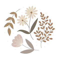 flowers and leaves are arranged on a white background with brown, beige and grey colors