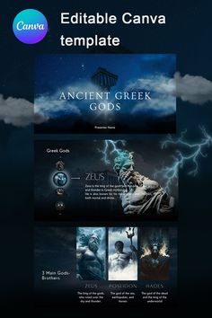 the website design for an ancient greek god's webpage, with dark colors