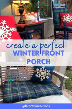 the front porch is decorated for winter with plaid pillows and snowflakes on it