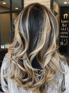 Sultry Black Hair with Chunky Blonde Highlights Black Hair Ideas, Chunky Blonde Highlights, Blonde Streaks