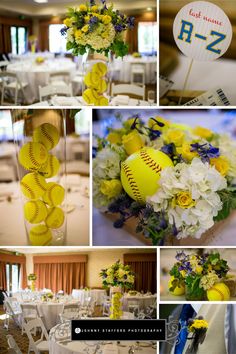 a collage of photos with yellow and white flowers, baseball decorations, and table numbers