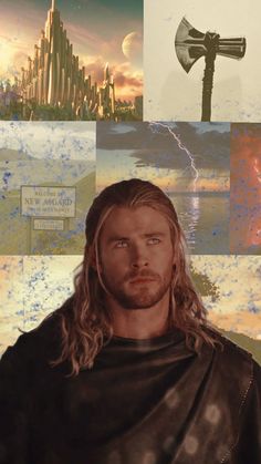 a man with long hair wearing a cape and standing in front of a collage of pictures