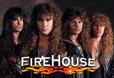 the band firehouse posing for a photo in front of a black background with flames