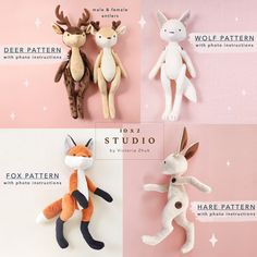 four different styles of stuffed animals on pink and white background with text that reads deer, wolf, fox, and rabbit