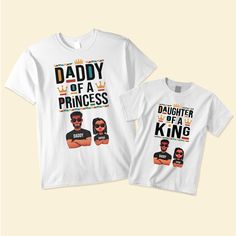 Show off your pride as a Black Dad with our Dad Shirt! This Father's Day Gift T-shirt is designed for the modern dad, featuring the empowering message "Daddy Of A Princess" and "Daughter Of A King." It's the perfect gift for fathers and daughters who want to express their special bond. Let the world know that you're a proud dad and that your daughter is your little princess with this Daddy's Girl Tee. Whether you're spending quality time together or creating lasting memories, this shirt is a symbol of the unbreakable connection between a father and his daughter. Get this meaningful Daughter Gift now and celebrate the love between a dad and his princess! MESSAGE: Daddy Of A Princess Daughter Of A King.PRODUCT DETAILS: 100% cotton (99% for ash/grey colors, 50% for hoodie) Decoration type: Di Family Matching Shirt With Name Print For Father's Day, Father's Day Family Shirt With Name Print, Customizable T-shirt For Father's Day, Father's Day Family Cotton T-shirt, Family Shirt With Custom Print For Father's Day, Father's Day Family Matching Pre-shrunk T-shirt, Family Matching Pre-shrunk T-shirt For Father's Day, Custom Print Shirt For Father's Day, Father's Day Family Custom Print Shirt