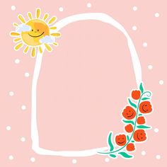 a pink background with an orange flower and a sun on it's left side