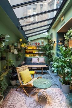 an indoor living area with plants and couches in the center, along with a skylight