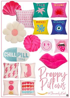 various pillows with different designs on them and the words be happy pillow written in pink