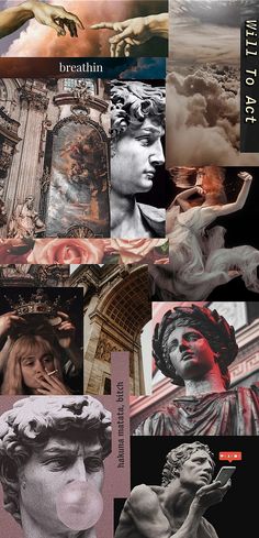 the collage shows many different images and words, including an image of a statue