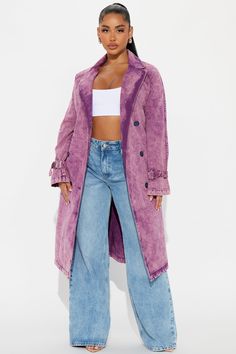 Available In Purple. Trench Lapel Collar Long Sleeve Denim Washed Belted Unlined Disclaimer: Due To The Specialized Wash Process, Each Garment Is Unique. 100% Cotton Imported | No Hard Feelings Washed Denim Trench in Purple size XS by Fashion Nova Duster Outfit, Rising Aesthetic, No Hard Feelings, Aquarius Rising, Adorable Outfits, Purple Outfits, Purple Jacket, Sweater Jumpsuit, Trench Jacket