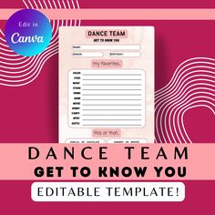 the dance team get to know you editable template is shown on a pink background