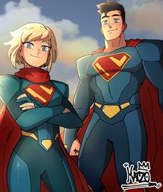 two people dressed as superman and supergirl standing next to each other with their arms crossed