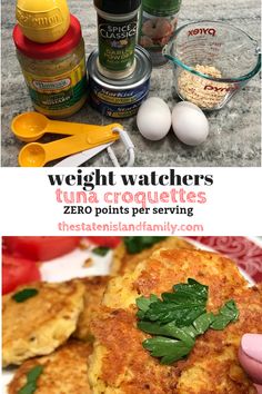 the ingredients for weight watchers are shown in this collage, including eggs and pancakes