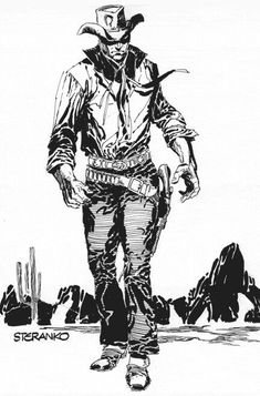 a black and white drawing of a man wearing a cowboy hat with his hand on his hip