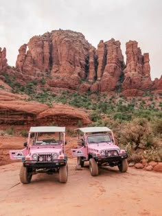 two pink jeeps parked in front of red rocks